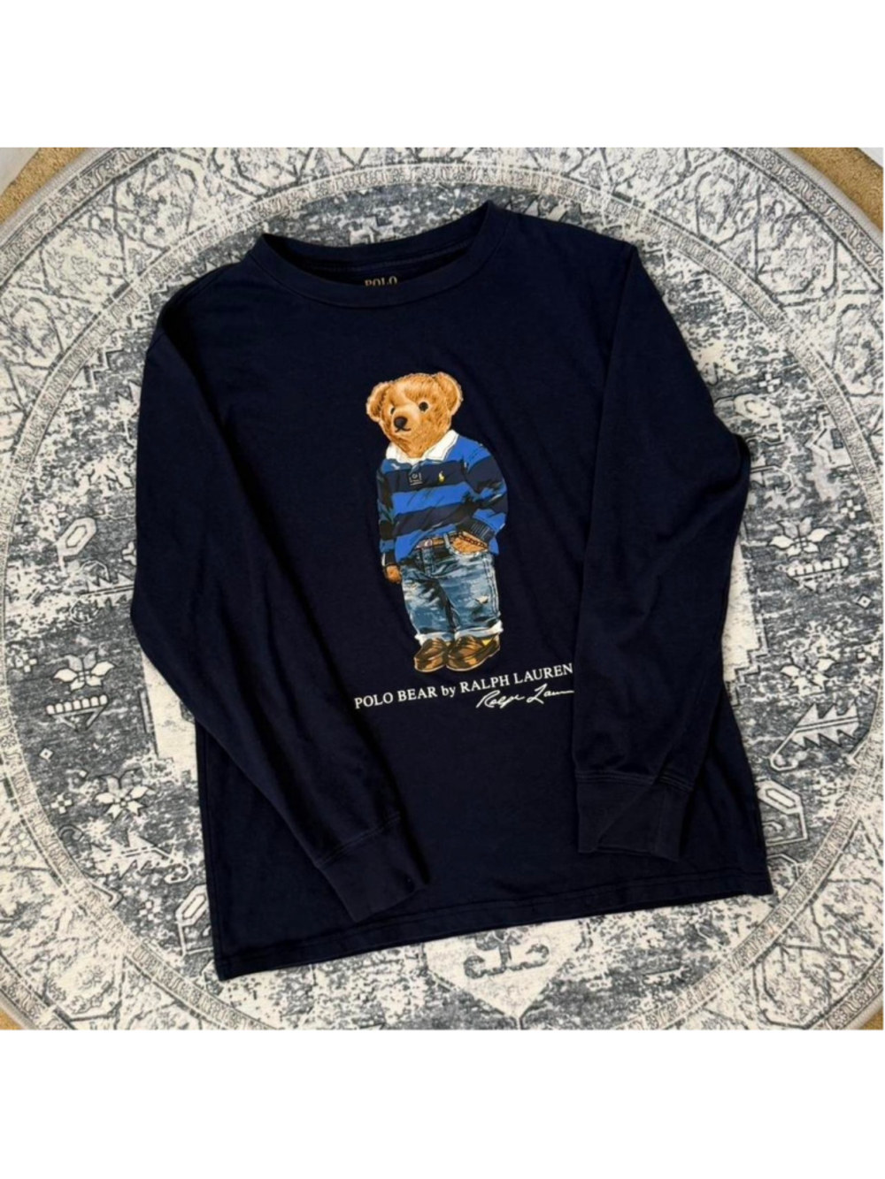 Polo Ralph Lauren Kids Navy Long Sleeve Shirt with Bear Graphic - M (10-12)